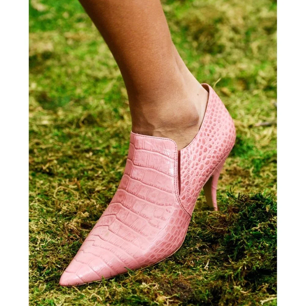 Tory Burch Pink Croc-Embossed Pointed Toe Ankle Booties